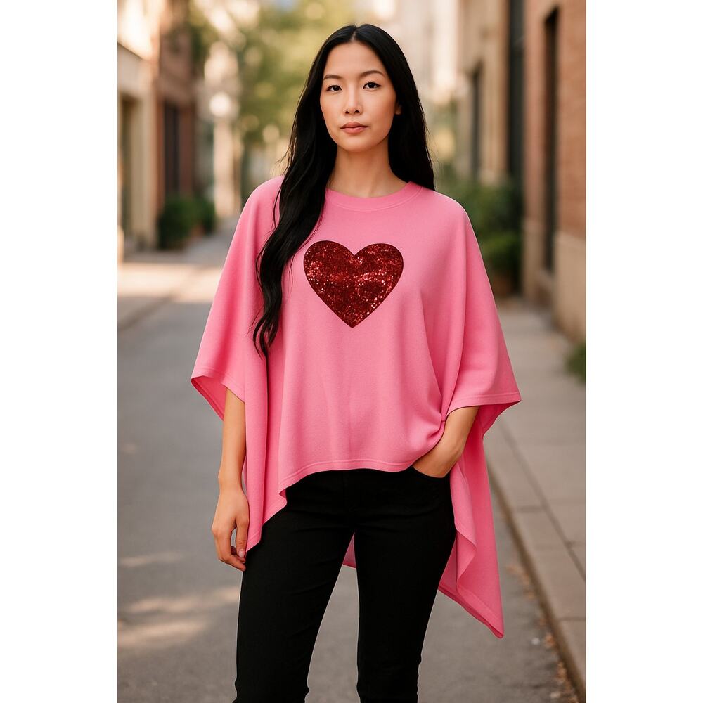 Victoria Harbour Pink Red Glitter‎ Heart Poncho Shawl One Size NWT Soft Knit